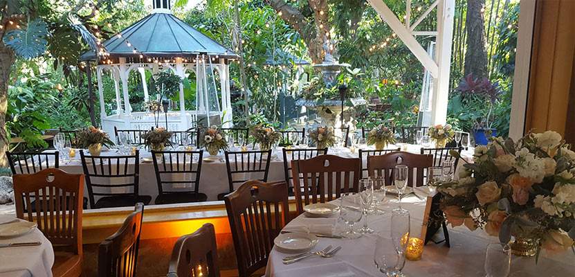 Reception setting with view of gazeebo