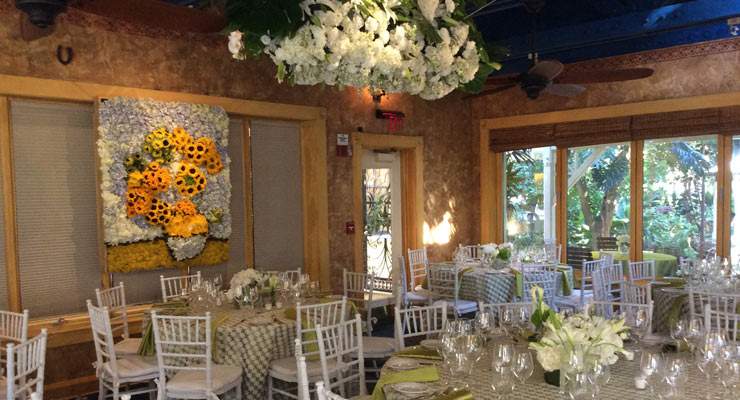 Reception setup with tables with green checkered table cloth